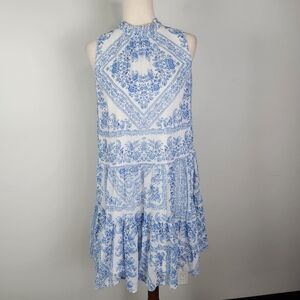EUC Calvin Klein Blue White Paisley Tiered Mock Neck Shift Dress Size 10 #714